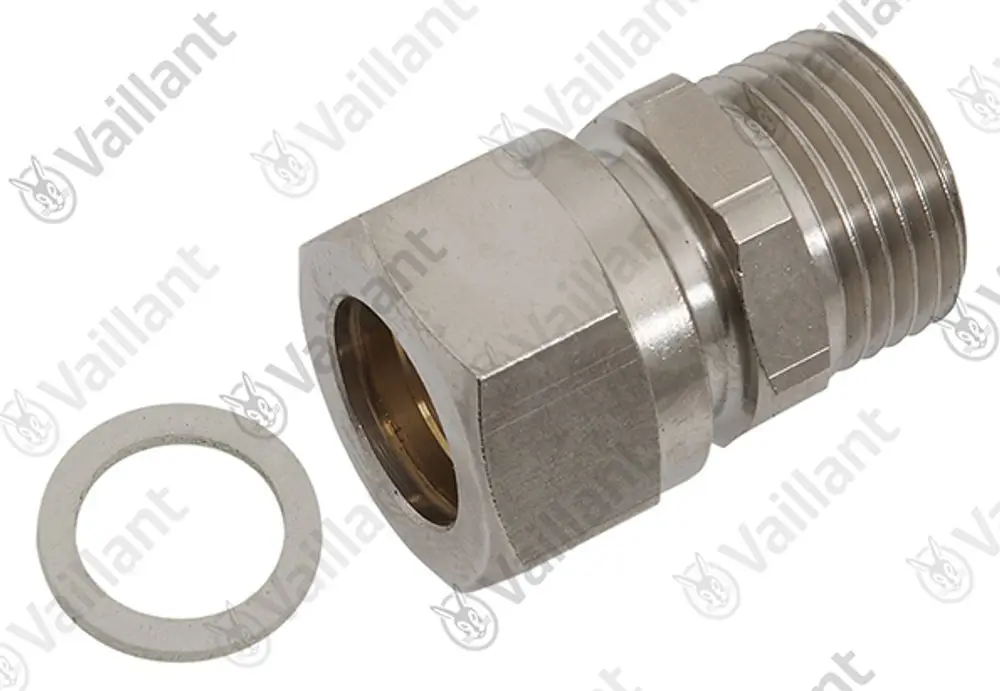 Metallene Quetschverschraubung von Vaillant mit Außengewinde und Dichtung. Das Teil hat eine zylindrische Form und wird zur Verbindung von Rohren verwendet.